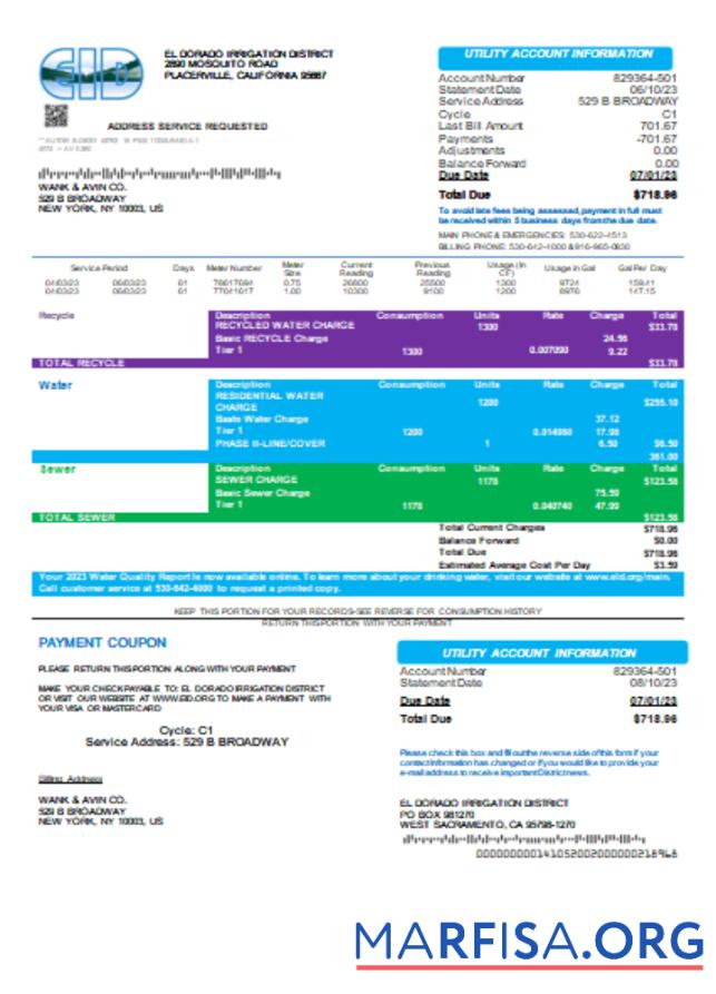 Realistic El Dorado Irrigation District utility business bill SCR real example